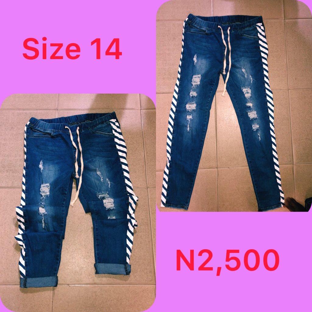 Slide 1: This jeans       Size 14, N2,500Slide 2: jeans       Size 16, Price: N2,500Slide 3: bf jeans       Size 18, Price: N2,500Slide 4: bf jeans       Size 10/12, Price N2,500