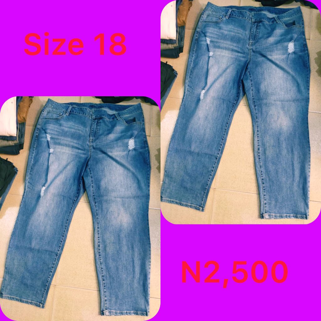 Slide 1: This jeans       Size 14, N2,500Slide 2: jeans       Size 16, Price: N2,500Slide 3: bf jeans       Size 18, Price: N2,500Slide 4: bf jeans       Size 10/12, Price N2,500