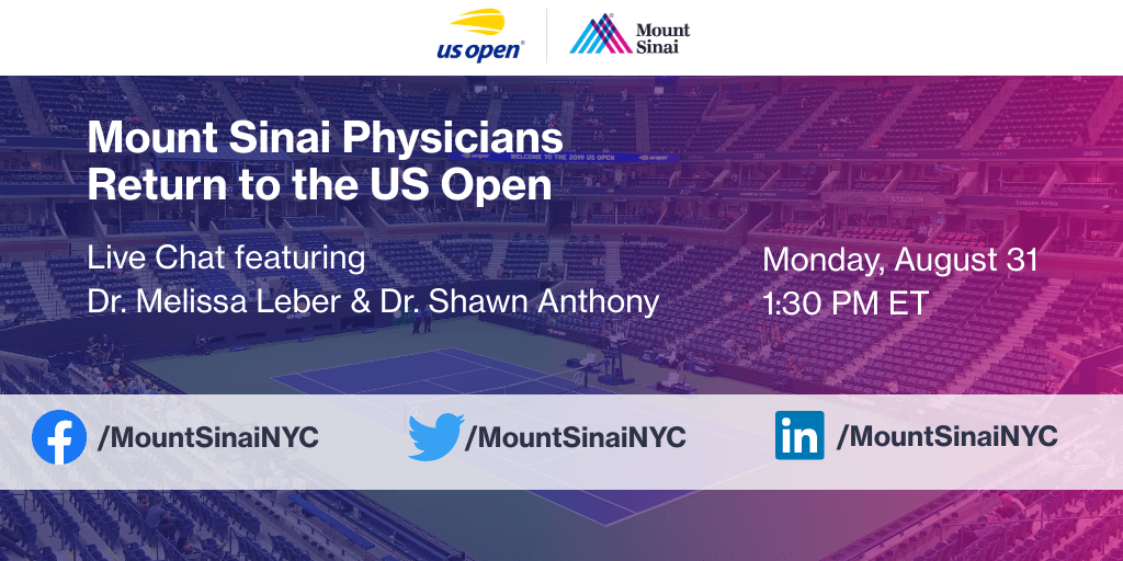 Mount Sinai Health System (@mountsinainyc) on Twitter photo Today is the official first day of the <a href="/USOpen/">US Open Tennis</a>Ā and our physicians are treating the elite athletes of the tournament. At 1:30 PM ET, <a href="/LeberMD22/">Melissa Leber</a>Ā and <a href="/shawnanthonymd/">Shawn G Anthony MD</a>Ā will be live sharing what it is like returning to the #USOpen this year after being on the frontlines of #COVID19. Today is the official first day of the <a href="/USOpen/">US Open Tennis</a>Ā and our physicians are treating the elite athletes of the tournament. At 1:30 PM ET, <a href="/LeberMD22/">Melissa Leber</a>Ā and <a href="/shawnanthonymd/">Shawn G Anthony MD</a>Ā will be live sharing what it is like returning to the #USOpen this year after being on the frontlines of #COVID19.