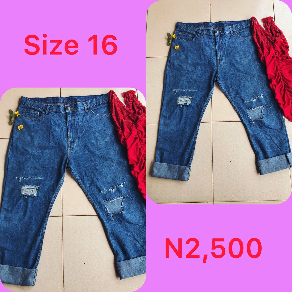 Slide 1: bf jeans      Size 10, N2,500Slide 2: bf jeans       Size 16, Price: N2,500Slide 3: bf jeans       Size 12, Price: N2,500Slide 4: skinny jeans       Size 12, Price N2,500