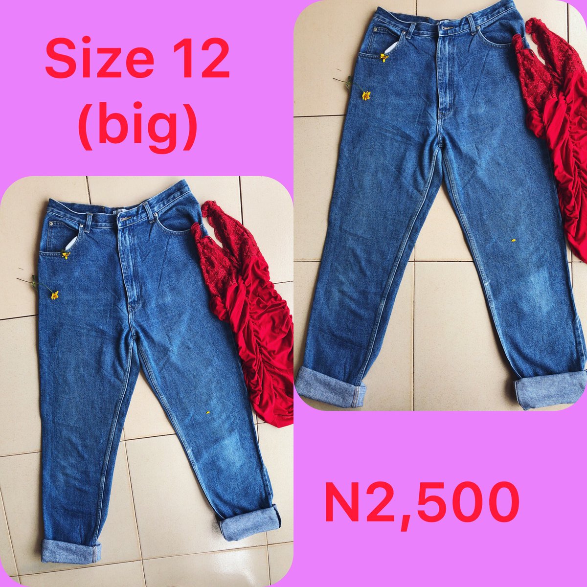 Slide 1: bf jeans      Size 10, N2,500Slide 2: bf jeans       Size 16, Price: N2,500Slide 3: bf jeans       Size 12, Price: N2,500Slide 4: skinny jeans       Size 12, Price N2,500