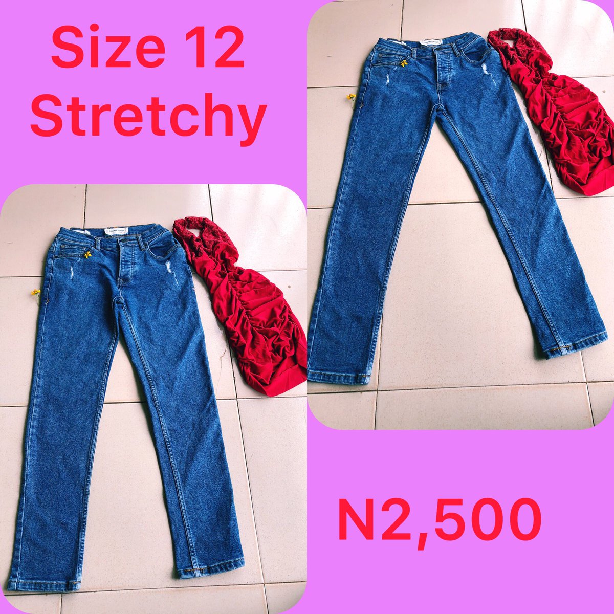 Slide 1: bf jeans      Size 10, N2,500Slide 2: bf jeans       Size 16, Price: N2,500Slide 3: bf jeans       Size 12, Price: N2,500Slide 4: skinny jeans       Size 12, Price N2,500