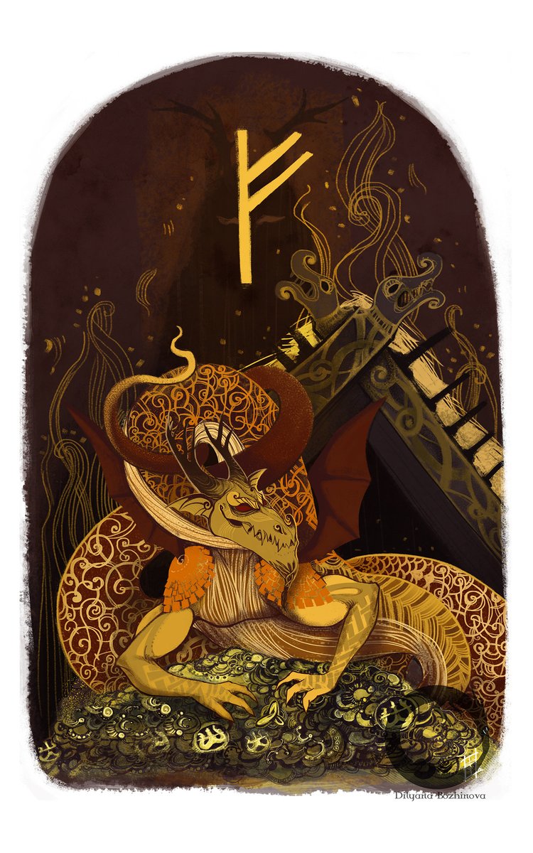 Runa Fehu es la primera de las runas vikingas del Futhark antiguo. Representa la diosa Freyja, madre y energía que mana sin cesar. Su imagen gráfica reproducen los cuernos de una vaca La runa Fehu simboliza la naturaleza, fertilidad, dinero, vida plena y poder. Art /Bozhinov