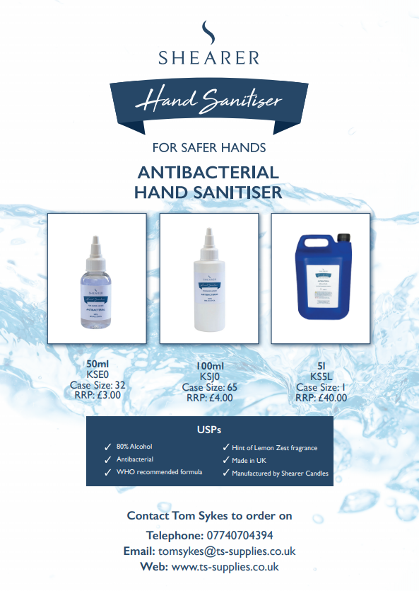 Shearer Hand Sanitiser. Made in the UK. Own Branded options also available. Please get in touch for further details.