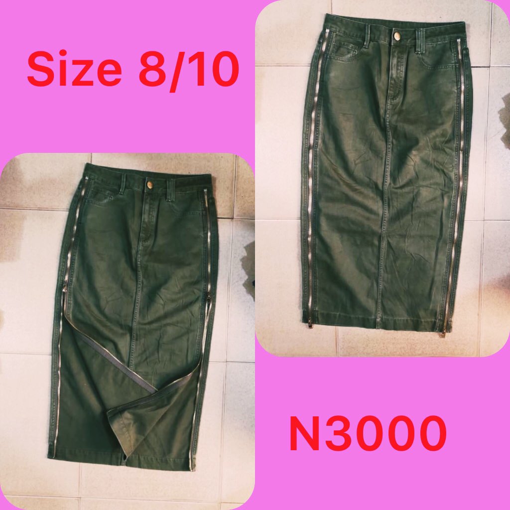 Skirts Slide 1: green skirt with zips on both size       Size 10, N2,500Slide 2: mini skirt       Size 12, Price: N2,000Slide 3: mini skirt with front zip        Size 10, Price: N2,000