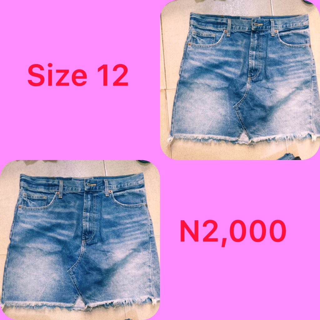 Skirts Slide 1: green skirt with zips on both size       Size 10, N2,500Slide 2: mini skirt       Size 12, Price: N2,000Slide 3: mini skirt with front zip        Size 10, Price: N2,000
