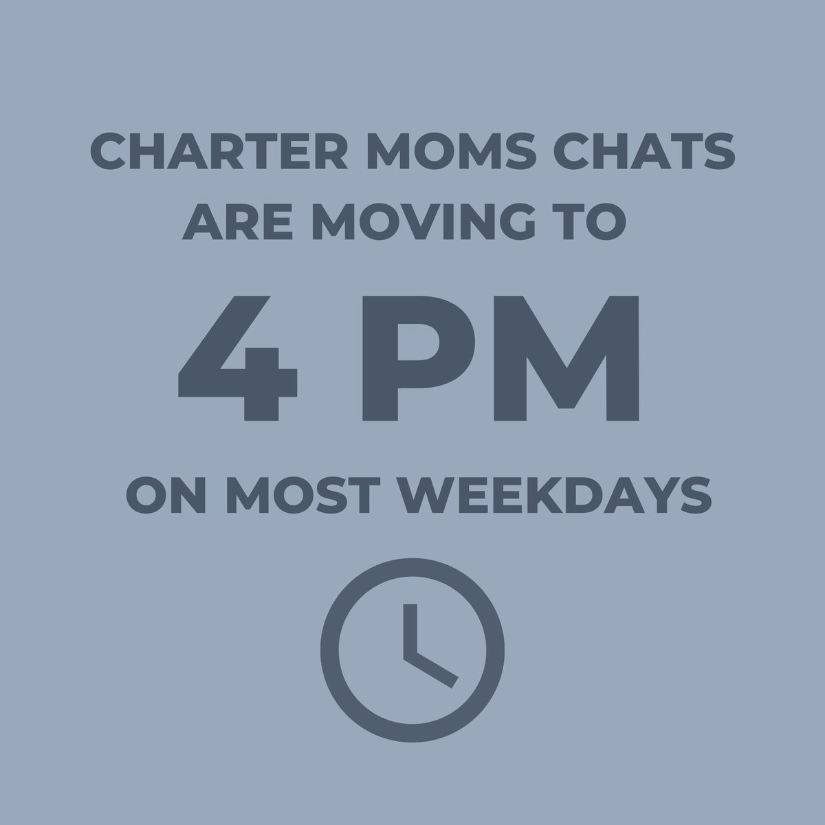 Charter Moms Chats are moving to 4 PM Central time on most weekdays. This works better for @ingamcotton's schedule so she can supervise her kids' distance learning in the mornings, and we hope it works for your schedule, too. Catch up at sachartermoms.com/distance-learn… #chartermomschats