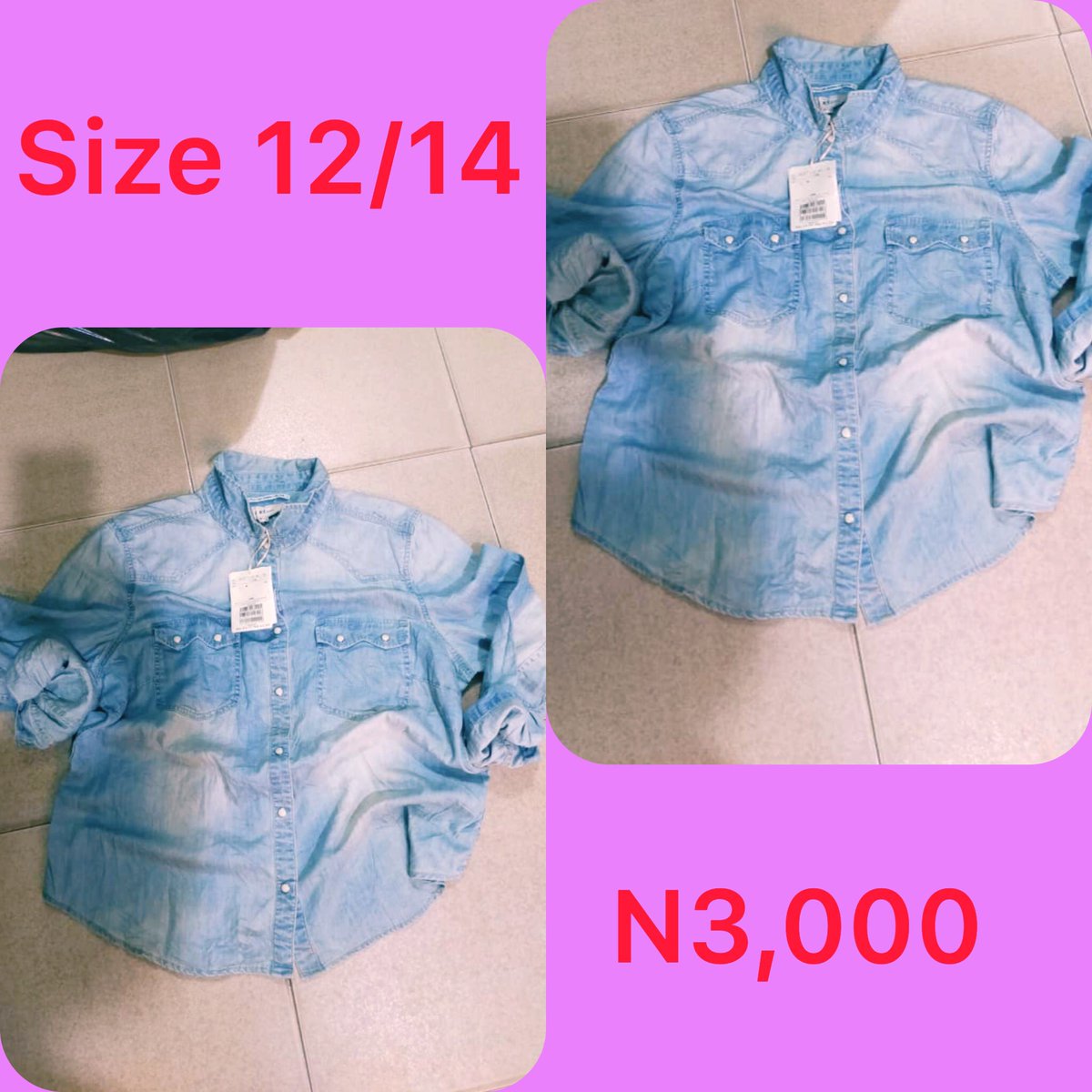 Slide 1: denim hoody       Size 12, N3,000Slide 2: jean jacket       Size 12/14, Price: N3,000Slide 3: denim sleeveless button down shirt       Size 10/12, Price: N2,500Slide 4: open back (with button) top        Size 12/14, Price N2,500