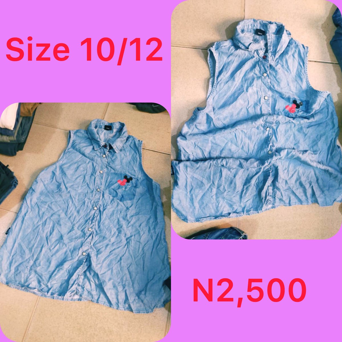 Slide 1: denim hoody       Size 12, N3,000Slide 2: jean jacket       Size 12/14, Price: N3,000Slide 3: denim sleeveless button down shirt       Size 10/12, Price: N2,500Slide 4: open back (with button) top        Size 12/14, Price N2,500