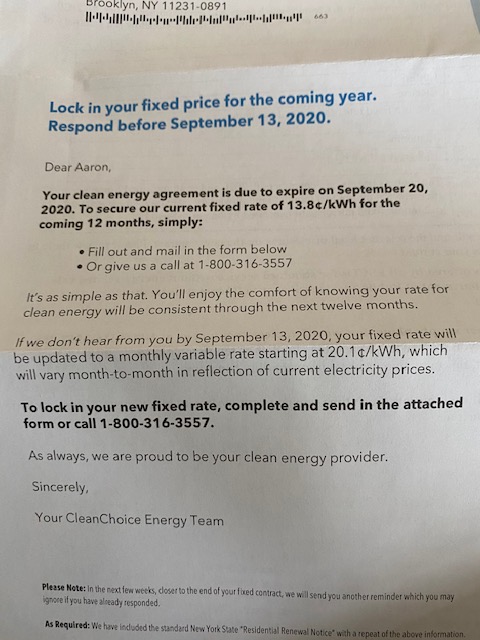 Now back to my renewal notice, it says nothing of my current rate. Only says I have opportunity for new rate of 13.8 cents/kWh. That's a 21% increase on my current bill! But it gets worse if I don't mail back this form my new rate will be 20.1 cents/kWh, A 76% increase! 5/