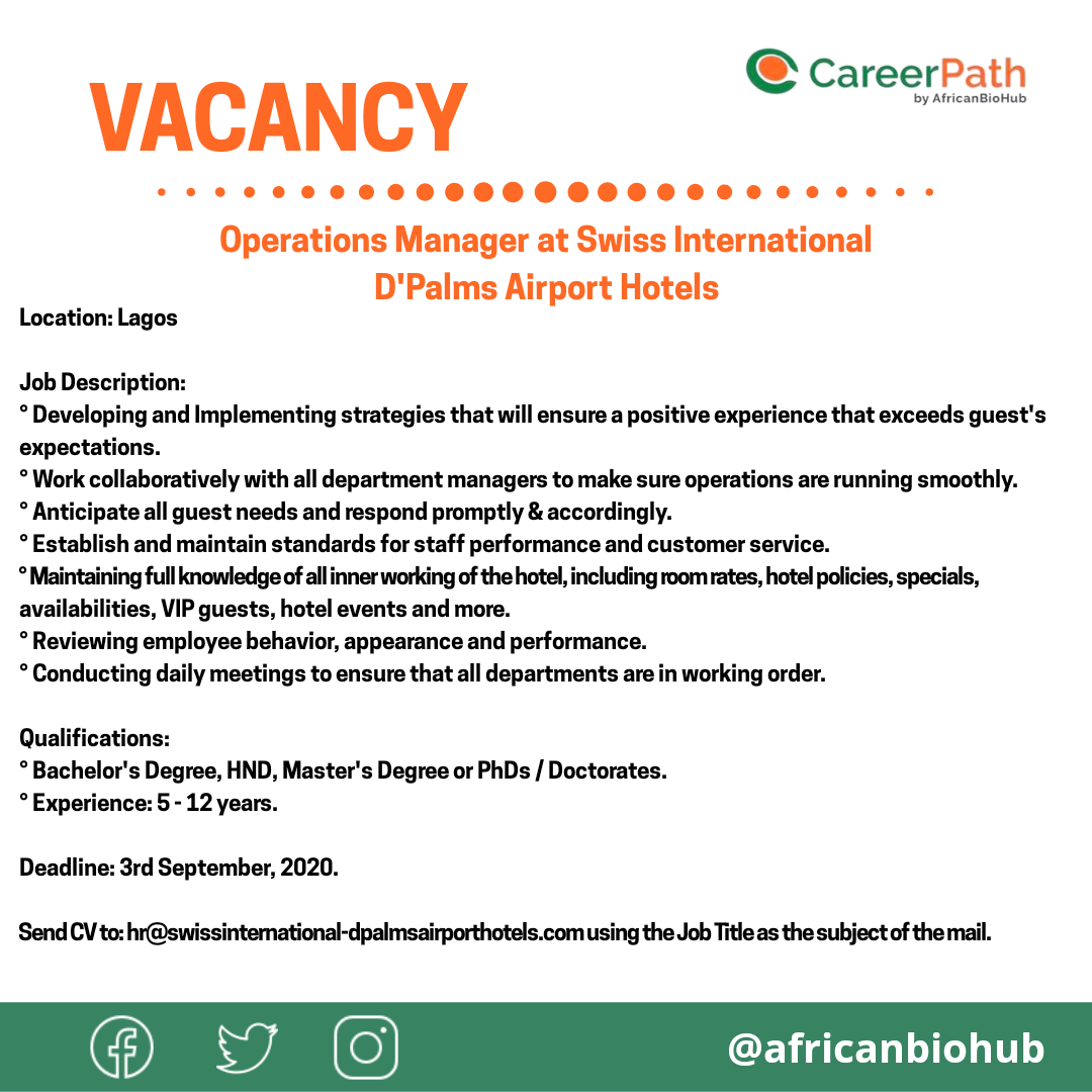 Career Path Hub в Twitter: „Operations Manager at Swiss International  D'Palms Airport Hotels #africanbiohub #careerpathafrica  #jobvacanciesinnigeria https://t.co/cLtTFHJDs9“ / Twitter