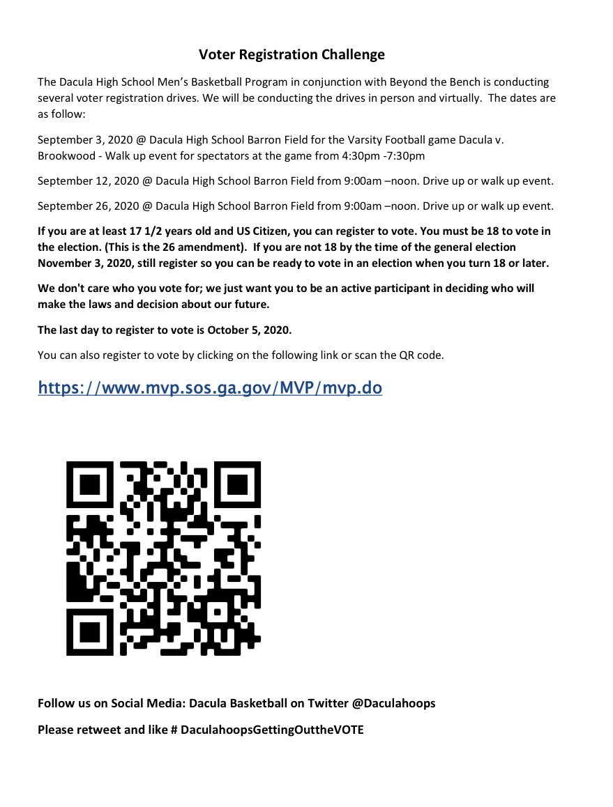 Dacula Basketball (@daculahoops) on Twitter photo Voter Registration Challenge
<a href="/DaculaAthletics/">Dacula HS Athletics</a> <a href="/DaculaHS/">Dacula High School</a> <a href="/BT_Bench/">BeyondTheBench</a> Voter Registration Challenge
<a href="/DaculaAthletics/">Dacula HS Athletics</a> <a href="/DaculaHS/">Dacula High School</a> <a href="/BT_Bench/">BeyondTheBench</a>