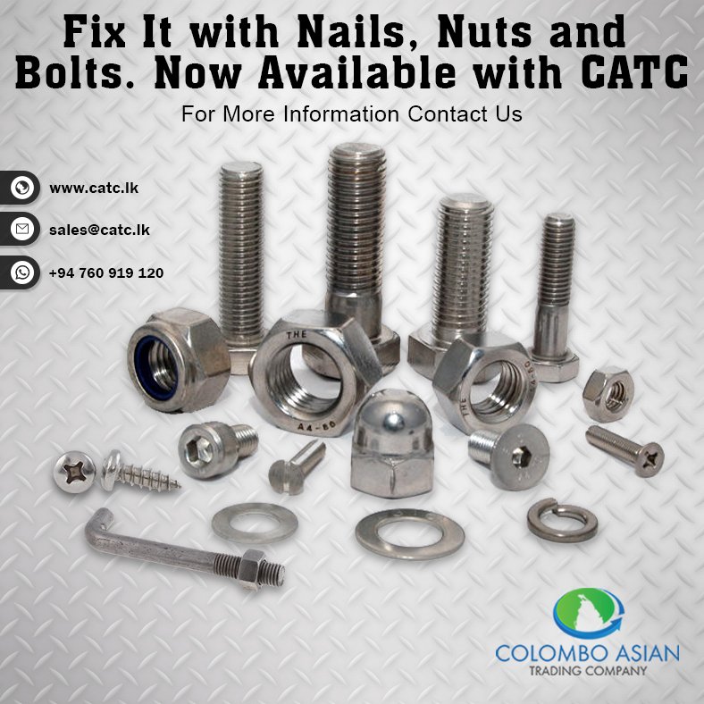 CATC_SriLanka's tweet photo. Fix It with Nails, Nuts and Bolts. Range of Metal Products Now Available with CATC.
Please Email your inquiries to βοΈ sales@catc.lk
Or WhatsApp your inquiries to π± +94 760 919 120
https://t.co/SfBFwBvZj9
#Nails #NutsandBolts #Metal #Generalhardware #SriLanka #Maldives #CATC https://t.co/iop8BKV2Op