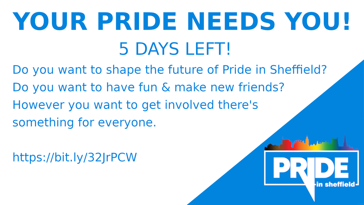 Just 5 days left to get your nomination in to shape the future of Pride in Sheffield. Your Pride really needs you. 

buff.ly/33Ewus4

#LGBTQ  #Pride #Sheffieldissuper #GetInvolved