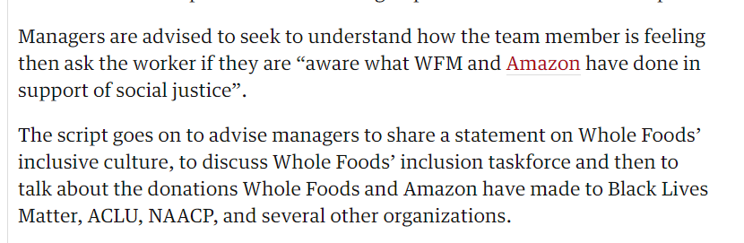 DivestSPD's tweet photo. In response to the PR fallout over Whole Foods not allowing employees to wear BLM gear, @Amazon is advising managers to play up donations to social justice causes

Full story by @msainat1: 

https://t.co/3YeWm0ymuH https://t.co/Qrbtlgjltu