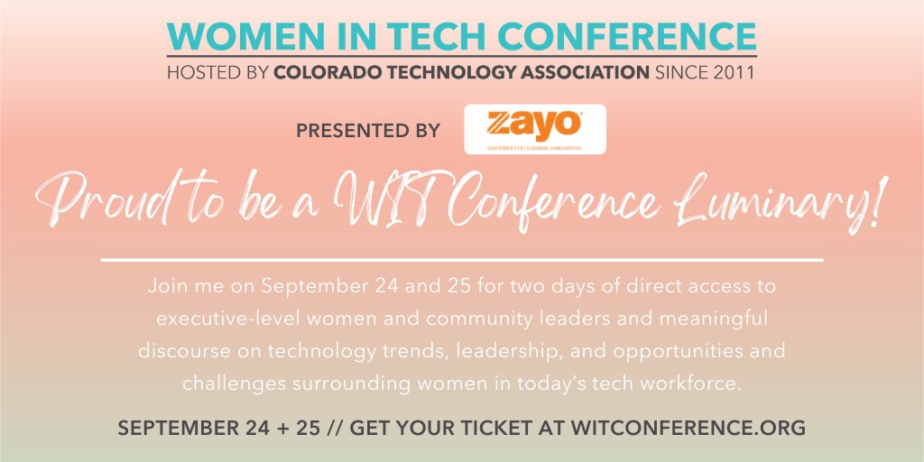 Excited to be joining #WIT2020 as a Luminary for another year with <a href="/ColoTechAsn/">Colorado Technology Association</a>! This two-day virtual conference will celebrate women across Colorado’s growing tech community. I hope to see you there! bit.ly/WIT-20