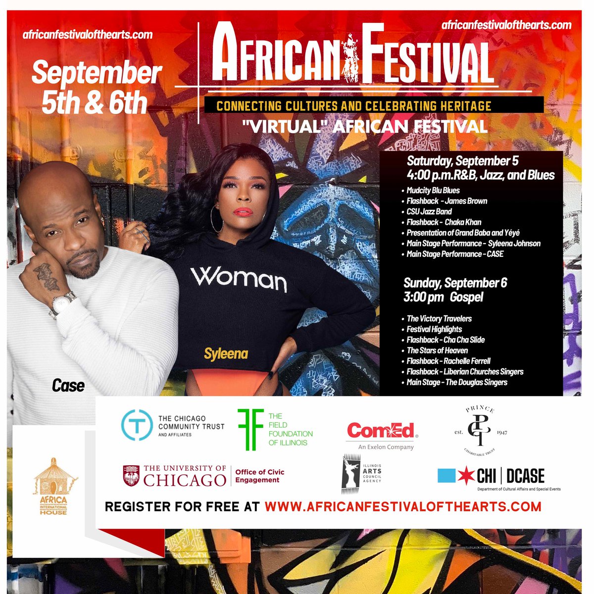 Sat. Sept 5th, 6th. The 31st Annual African Festival of the Arts is going virtual. Performances by 
@iam_case1 
<a href="/syleenajohnson/">Syleena Johnson</a>
@evanceofficial
@rafiyamusic
<a href="/officialakeju/">AKEJU</a>
<a href="/FrayneVibez/">Frayne Lewis Jr.</a> 
<a href="/beverly_afaglo/">beverly afaglo Baah</a>  
<a href="/mudcityblu/">Mudcityblu</a>  
And many more. 
REGISTER for FREE
africanfestivalofthearts.com