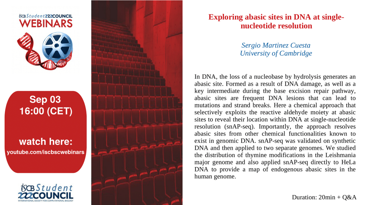 iscbsc's tweet photo. We are excited to announce our next speaker!
Sergio Martínez Cuesta, @Cambridge_Uni who will be joining us on Thursday, 4 pm CET
learn about Exploring abasic sites in DNA at #SingleNucleotide resolution⬇️
https://t.co/0CwspAz4ws
#DNA @ChemCambridge @chemlibcam @CRUKCambridge https://t.co/qfzydxuAXh