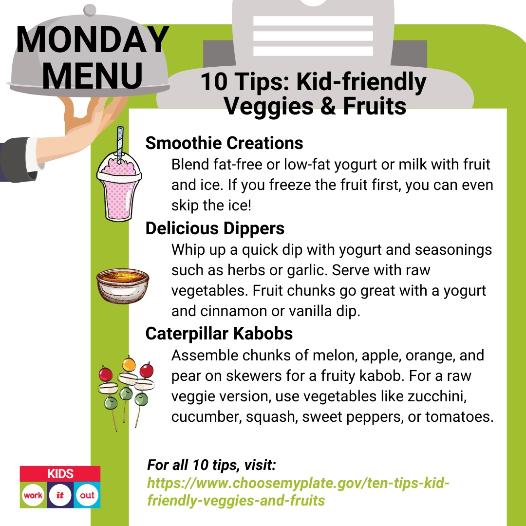Kidsworkitout's tweet photo. #MondayMenu: Here's a sneak peek into MyPlate's 10 kid-friendly veggie & fruit tips! 🍢🥤
.
.
.
.
#kidsworkitout #kwio #kidsyoga #yogakids #yoga #detroityoga #familyyoga #health #detroityogacommunity #veggies #fruits #healthyeating https://t.co/XdUedeH0d1