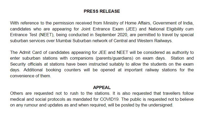 📣 Supporting students appearing for NEET & JEE exams, Railways has permitted them, and their guardians to travel by special suburban services in Mumbai on exam days.

General passengers are requested not to commute.