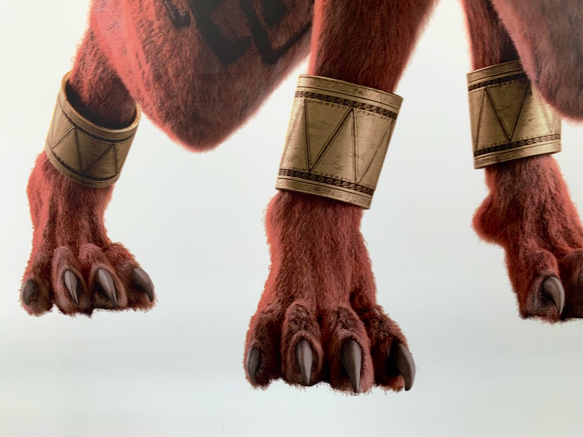 Red XIII’s earring carvings and gold feather adornment is so intricate, and the bangles he wears also seems to have some kind of language written on them.  #FF7RxSkytree