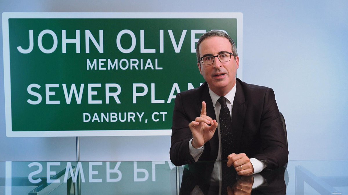LastWeekTonight's tweet image. Your move, Danbury! If you follow through on your promise to name your sewage plant after John, this beautiful sign can be yours! If not, it'll go to one of the (better) towns in Connecticut.