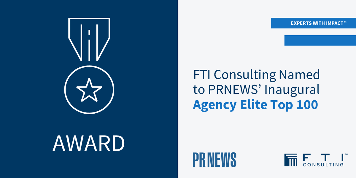 FTIConsulting's tweet photo. We are pleased to be named to @PRNews' inaugural Agency Elite Top 100 list, which spotlights the most innovative communications firms of the year. Learn more: https://t.co/ztWH64J8ng @FTI_SC #TeamFTI https://t.co/ZZ7fHkAbbq