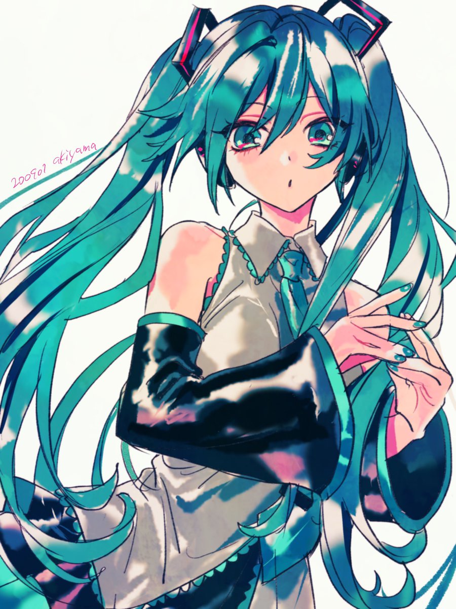 hatsune miku 1girl solo twintails long hair necktie detached sleeves skirt  illustration images