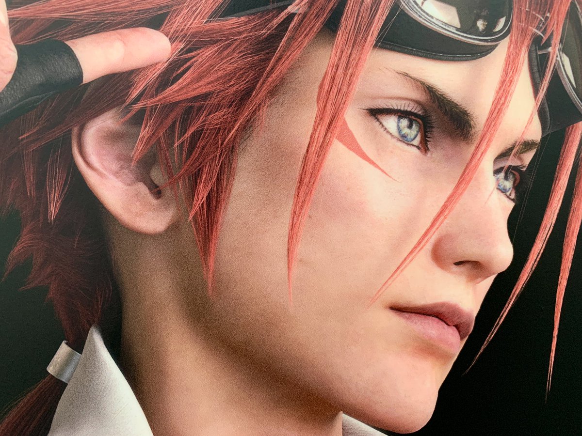 Reno’s natural hair color is showing on his sideburns, and you can clearly see how they designed the anatomy of his fingers and nails (he has a mole on his right middle finger). His chest has a ton of moles and visible skin pores with tiny hairs. #FF7RxSkytree