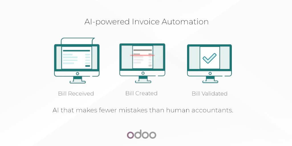 Odoo's tweet photo. Odoo’s AI-powered bill processing: fewer mistakes than human accountants when processing bills. 95%+ success rates on fields such as TVA, IBAN, total, due date, liens, vendor address.
To try it and know more: https://t.co/XlKOVRHG5T😉 https://t.co/cTflCJD0t2