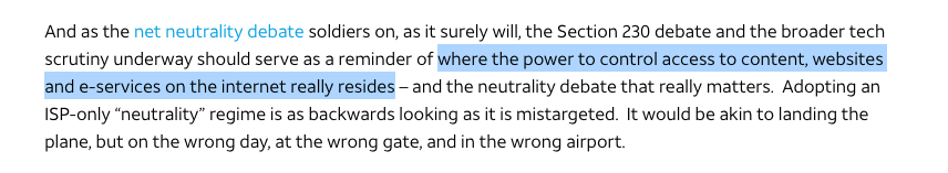 I won't even comment on the weird airplane metaphor at the end here because honestly it makes no sense. but LOL at AT&T pointing the finger at websites that it could decide to censor from its network in the blink of an eye and saying "they have all the power."