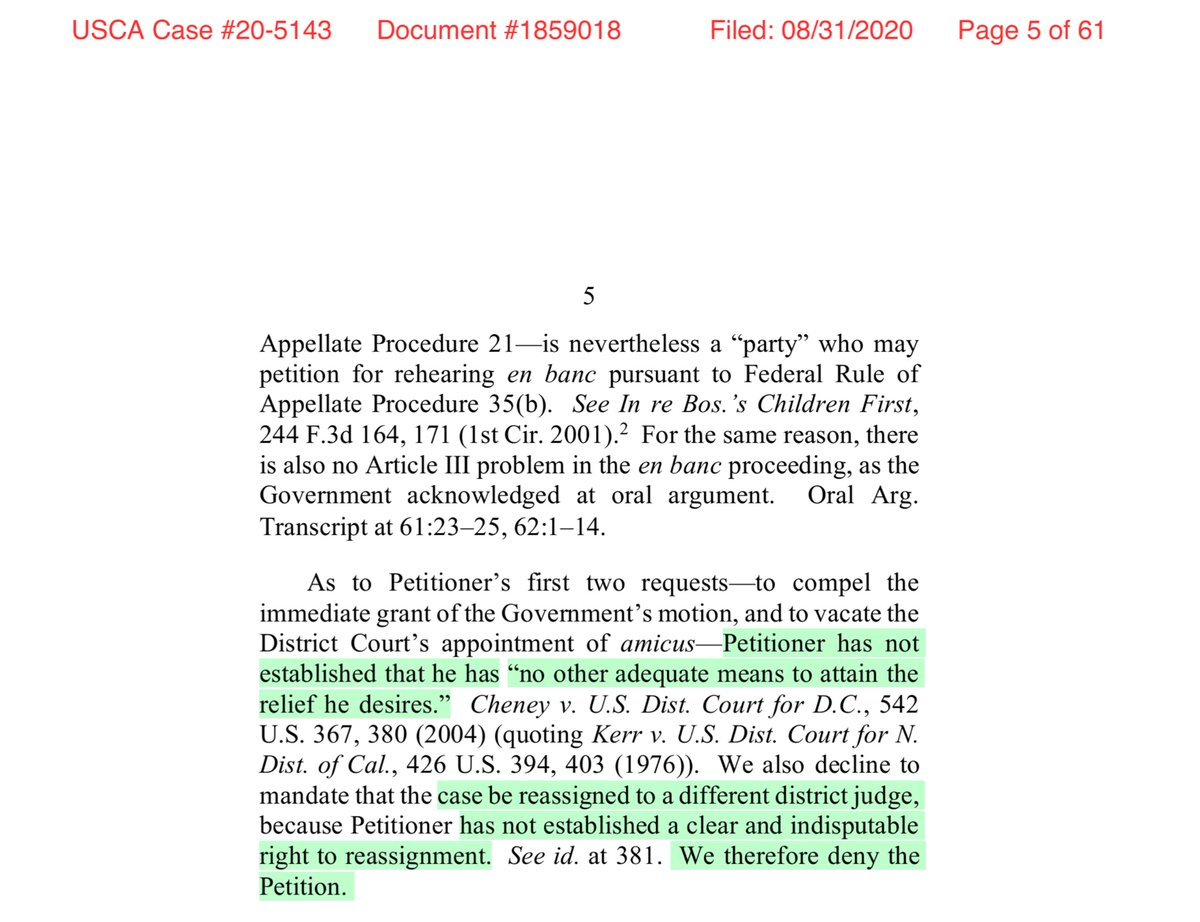 OH...MY...it’s a TWO for ONE“We also decline to mandate that the case be reassigned to a different district judge, because Petitioner has not established a clear and indisputable right to reassignment....We therefore deny the Petition...”  https://twitter.com/File411/status/1288879534973030402