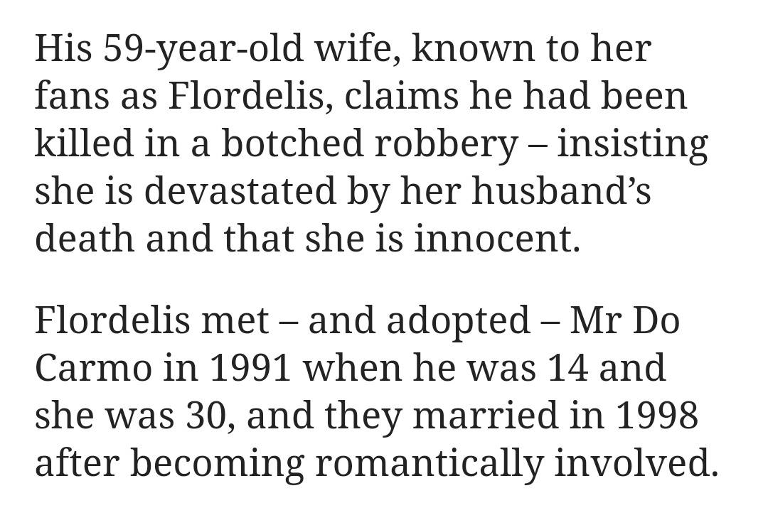 Love this throwaway bit in one article about the fact that prior to marrying and being possibly murdered by Flordelis, the guy was ONE OF HER ADOPTED KIDS WTF. Oh, and they can't actually arrest her rn because she's an elected politician  https://www.adelaidenow.com.au/news/celebrity-politician-accused-of-masterminding-husbands-murder-with-five-of-the-couples-55-kids/news-story/ae216c44565a516d44bac0f39d8ce4d9