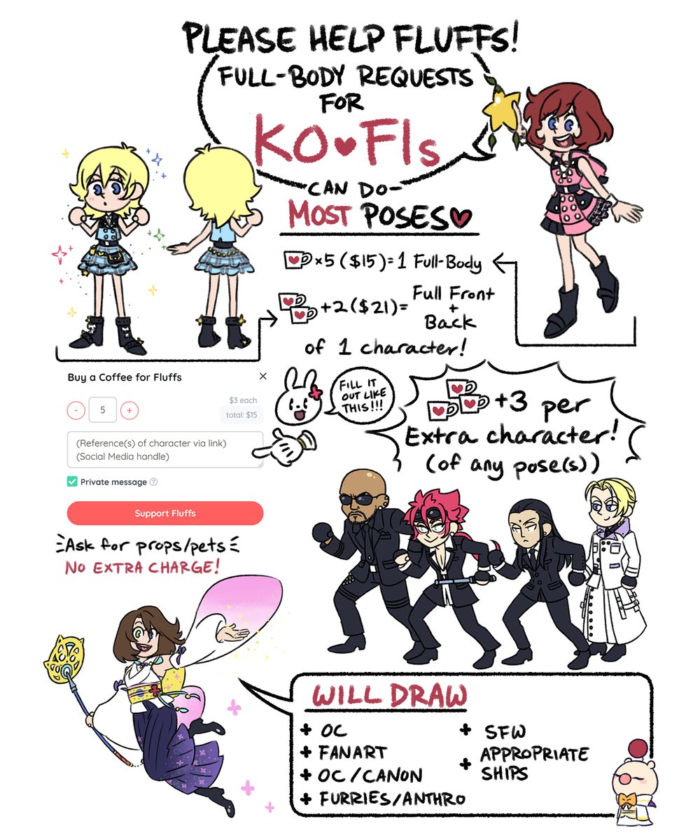 Offering full-body requests in exchange for #kofi donations since a lot of my stuff at home is breaking down and I can't really job hunt during a pandemic!
?Please see attached for details! 
Please also credit me if you use these for anything!

☕️https://t.co/DqEvrRCXAl 