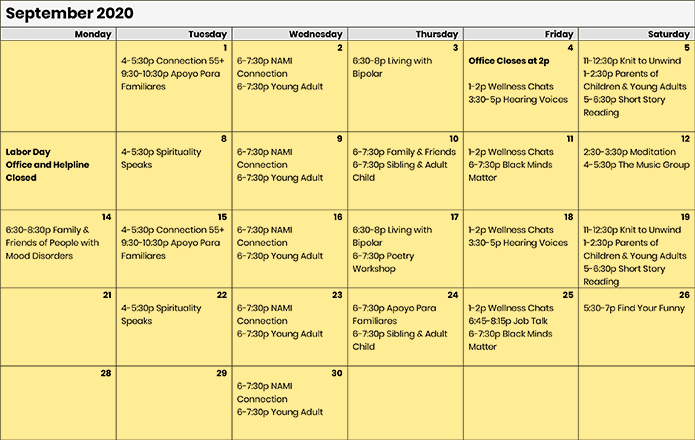 NAMINYCMetro's tweet photo. NYC! Check out our calendar of #supportgroups in September. All are free. Please RT! Thank you.

https://t.co/VcjplLmMDl https://t.co/TavFcvXZhe