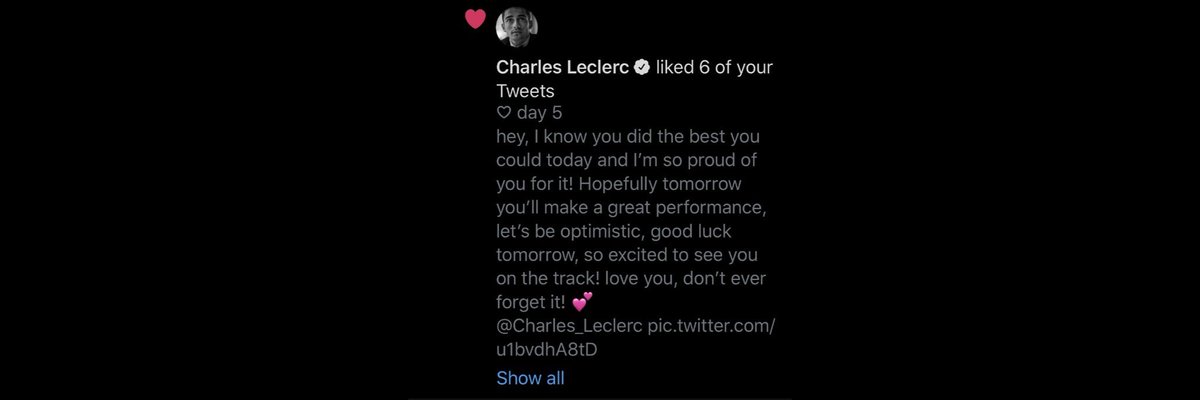 ♡ day 7so yesterday I was noticed by you, I can’t even find words to describe how I felt, it was such an amazing feeling, I cried, I smiled, I screamed and I cried a little bit more, I hope you have liked it, se ding love for you in this hard day, love u!  @Charles_Leclerc