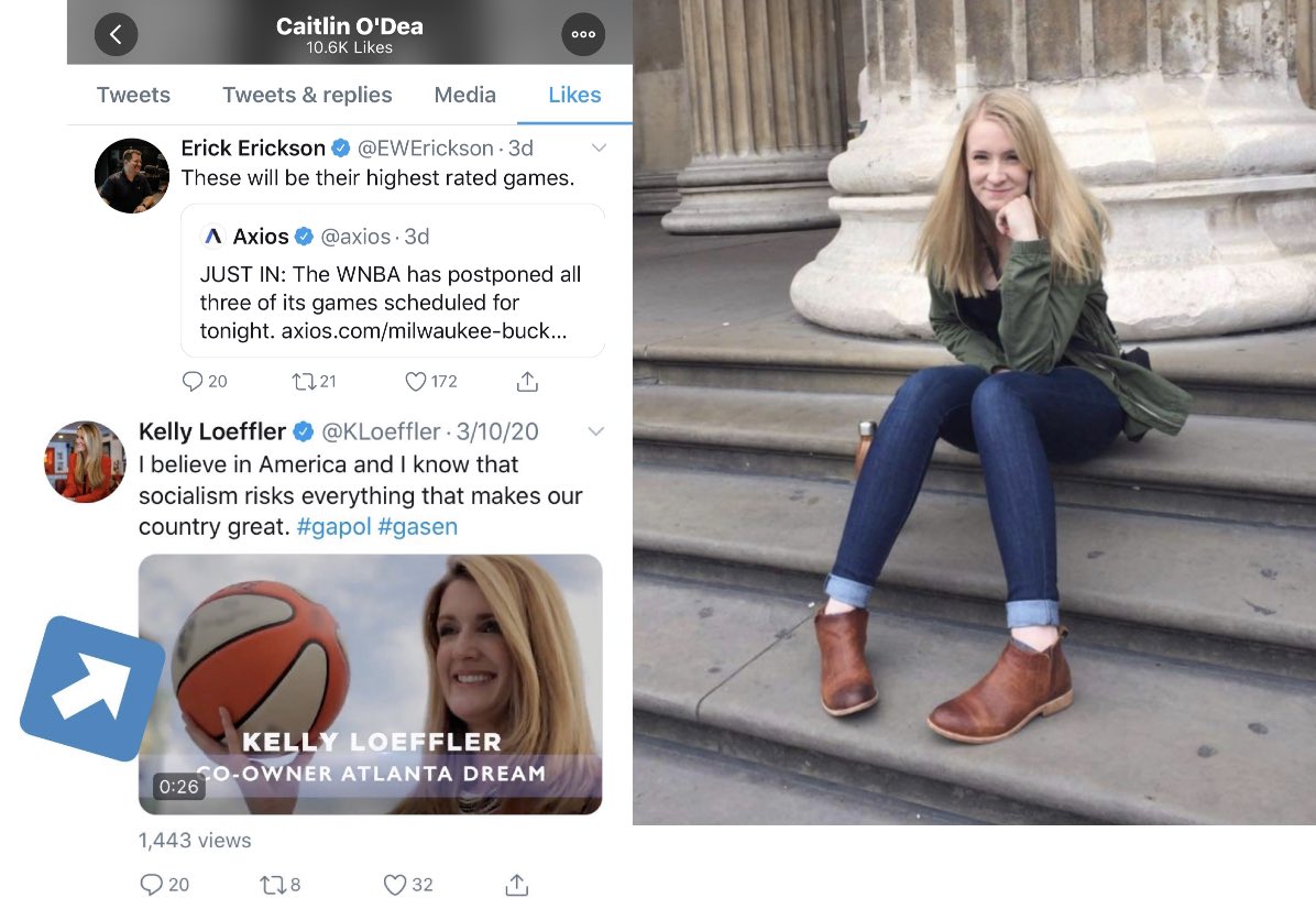 Caitlin O’Dea, Kelly Loeffler’s press secretary, liked an attack on WNBA ratings aimed at players for using their platform, despite Kelly Loeffler being a WNBA owner and using WNBA imagery in campaign ads.