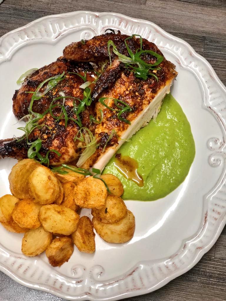 Lapa Condiments Peri Peri Oil Chicken w/ Chicken Fat roasted potatoes and a Parsley & Spring onion sauce.