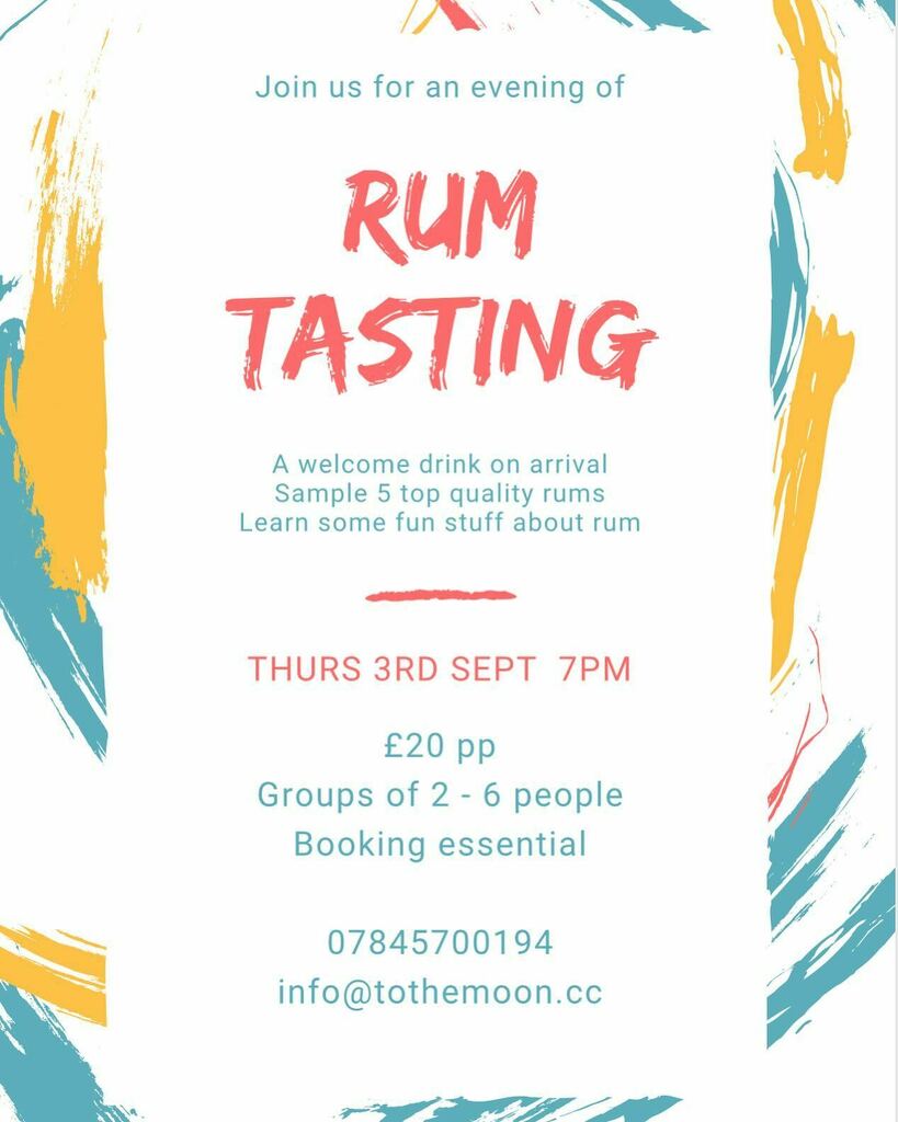 Do you love rum or would you like to learn a bit more about it? If so then you won’t want to miss out on our Rum Tasting this Thurs 3rd Sept. DM us or contact us on 07845700194 .
All safety measures still apply. 
.
.
.
#rumtasting #rum #tothemoonbristol … instagr.am/p/CEkY6qLjKC0/