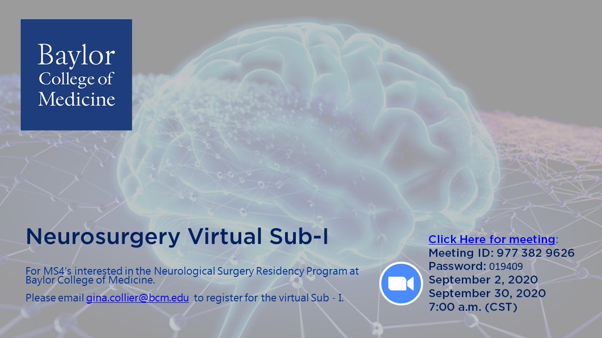 Are you an #MS4 interested in our residency program? Have you signed up for our virtual sub-internship yet? 

#Neurosurgery #BCMNeurosurgery #BaylorCollegeOfMedicine #NeurosurgeryEducation #Education #SubInternship