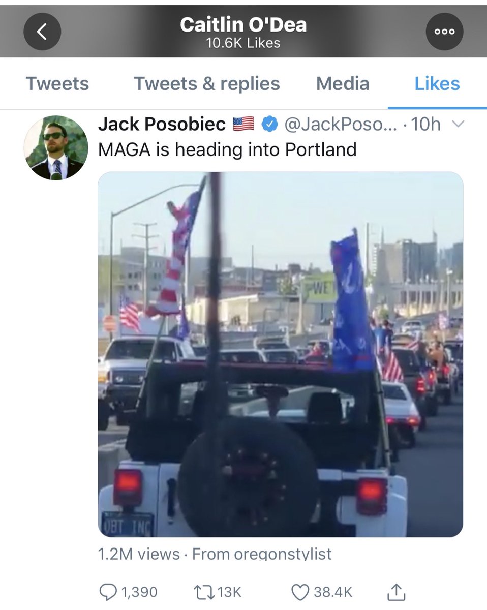 Caitlin O’Dea likes white supremacist friendly Jack Posobiec’s tweet showing armed MAGAs headed to Portland.
