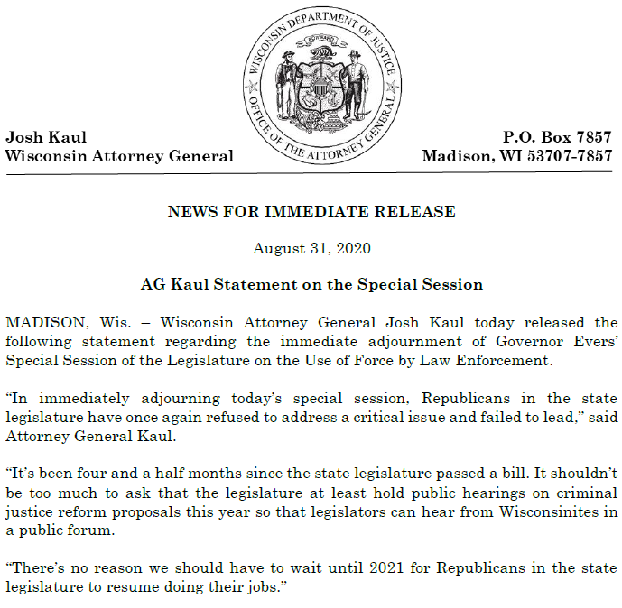 WisDOJ's tweet photo. It’s been four and a half months since the state legislature passed a bill. It shouldn’t be too much to ask that the legislature at least hold public hearings on criminal justice reform proposals this year so that legislators can hear from Wisconsinites in a public forum. https://t.co/1dlkUtWv2u