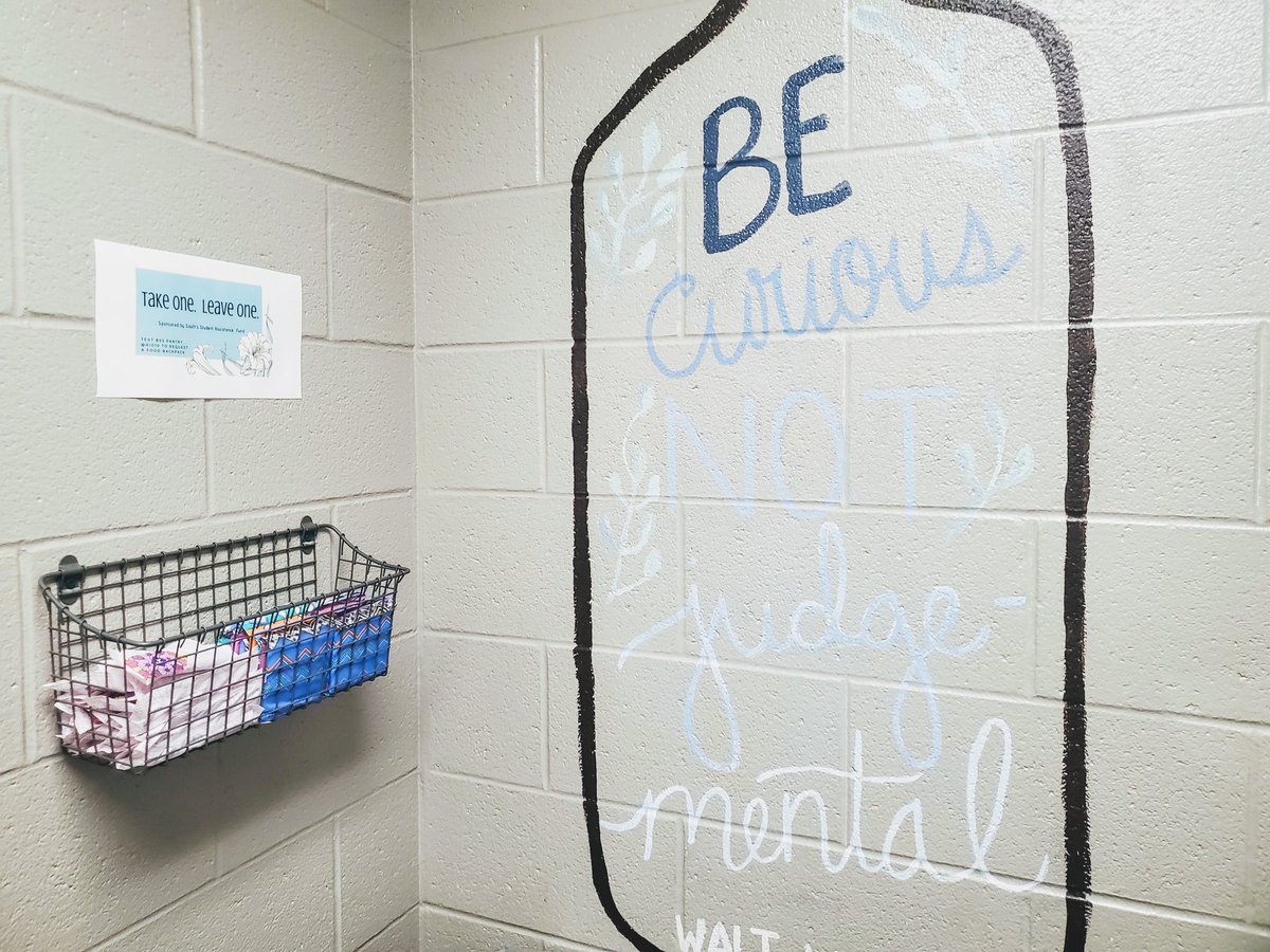 BSSSenate's tweet photo. South's Student Assistance Fund has our women's restrooms stocked for your return to school. We wish we could refill them every day, but we don't have the funds. Always feel free to #TakeOne when needed and #LeaveOne when you can 💙💚 https://t.co/GhYKpgyTgv