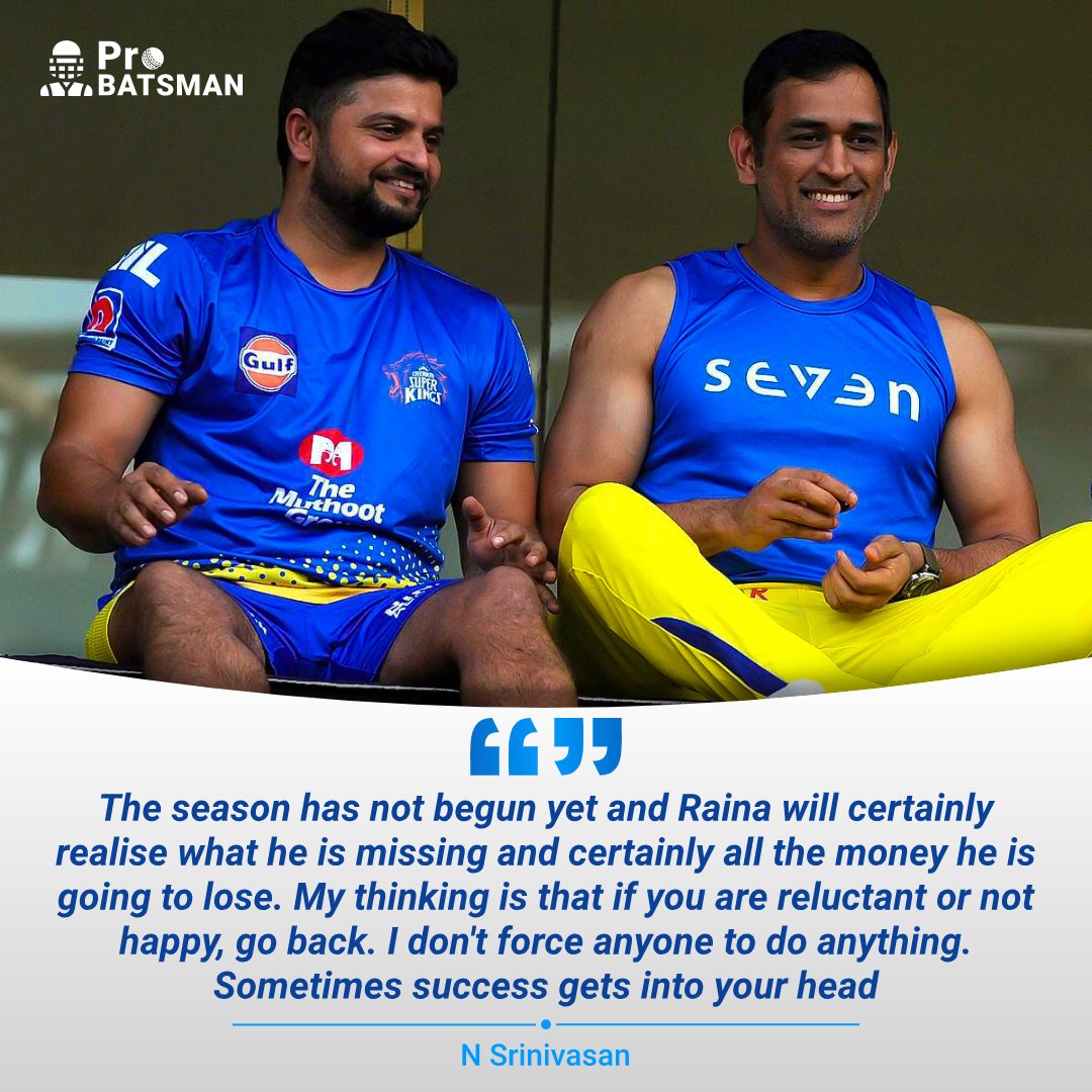 probatsman's tweet image. N Srinivasan reaction on Suresh Raina&apos;s exit from IPL 2020.

#SureshRaina #SureshRaina3 #Raina #MSDhoni #ChennaiSuperKings #CSK #IPL #IPL2020 #IPL2020Updates #IPLinUAE #Cricket #ProBatsman