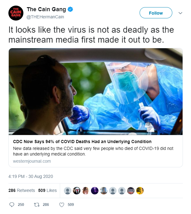 Hbomberguy's tweet photo. The twitter account "THE Herman Cain", which belonged to Herman Cain until he died of COVID-19, is now tweeting that COVID-19 'is not that deadly'.

Conservatism is so fucked that Herman Cain is tweeting about how safe COVID-19 is from his fucking grave https://t.co/usKr5cK7wp
