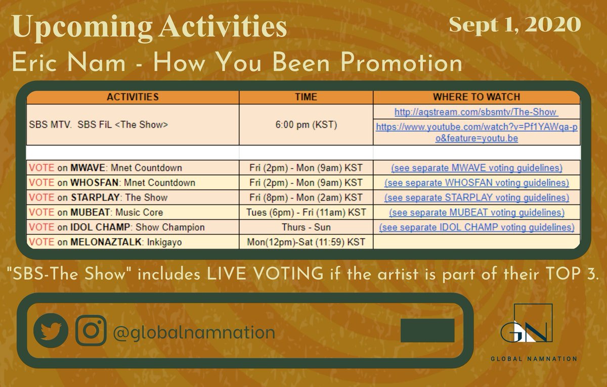 globalnamnation's tweet image. 🗓 #EricNamSchedule SEPT 1, 2020
HOW YOU BEEN PROMOTION

SBS-THE SHOW includes LIVE VOTING during live broadcast if artist is part of their TOP 3. 

Voting sched are indicated in case #HowYouBeen would be included in any voting platform. See attached #VotingGuide

#EricNam