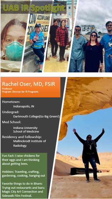 Check out our #UAB_IR spotlight where we highlight our Interventional Radiology faculty and trainees! Today's spotlight shines on <a href="/Bama_IR/">Rachel Oser</a>, please have a look, learn a little about the real life person, and feel free to leave some comments about our wonderful faculty member!