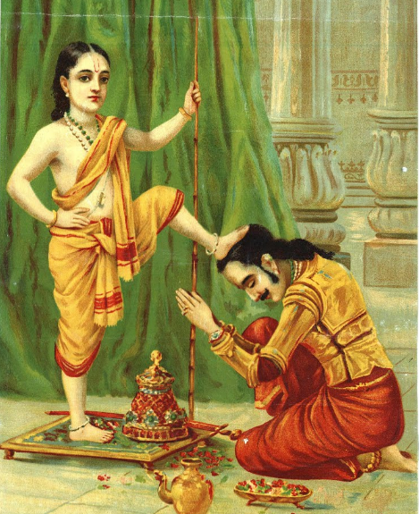 And here is the painting of Bali and Vamana by the great MALAYALI painter Raja Ravi Varma (c.1910).Vamana is shown placing his foot on Bali. One can CLEARLY see the Choti on Bali's head and tilak on his forehead