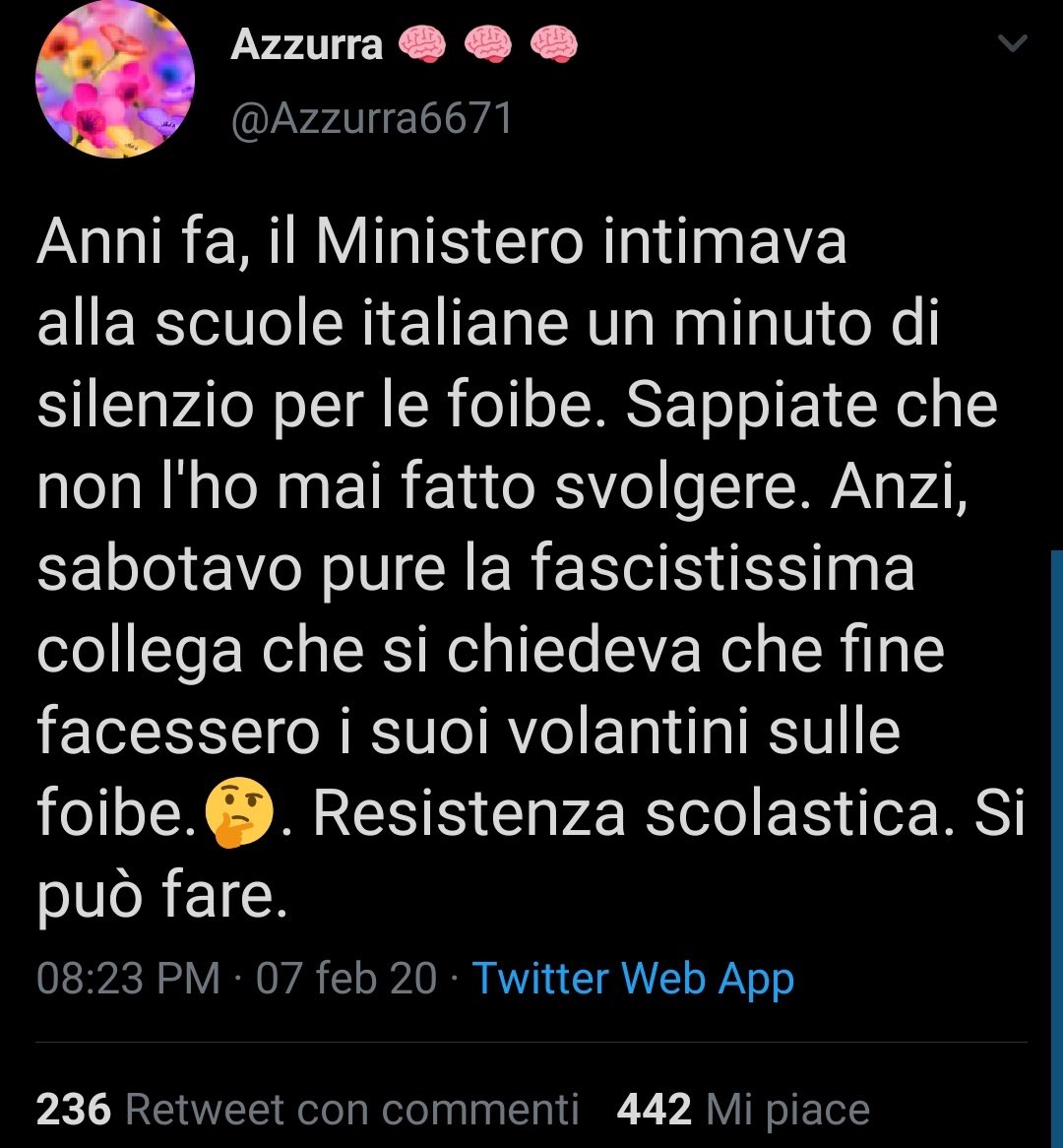 Quali sarebbero i “due elementi di querela” contro @GaIadhrim?
L’insegnante Azzurra (come ha scritto in un tweet) non ha rispettato il minuto di silenzio per le vittime delle #Foibe, nonostante le indicazioni del @MiurSocial.