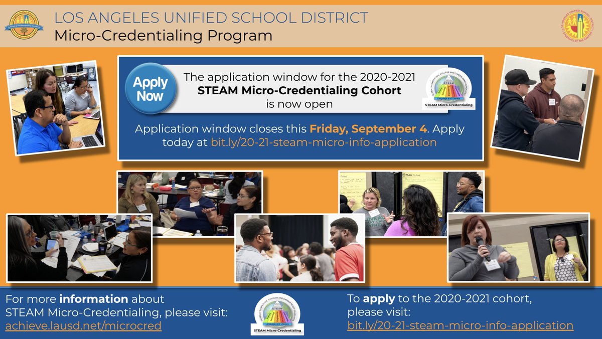Are you an <a href="/LASchools/">Los Angeles Unified</a> educator of any discipline looking to join a #CommunityofLearners working to grow your #STEAM instruction? Don't miss your opportunity to apply to this year's STEAM Micro-Credentialing cohort at bit.ly/20-21-steam-mi…! Learn more at achieve.lausd.net/microcred.